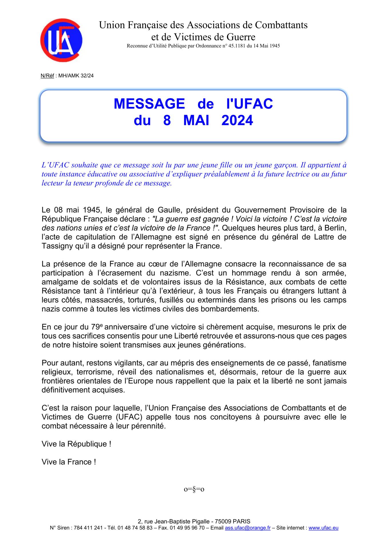 Ufac message 8 mai 2024